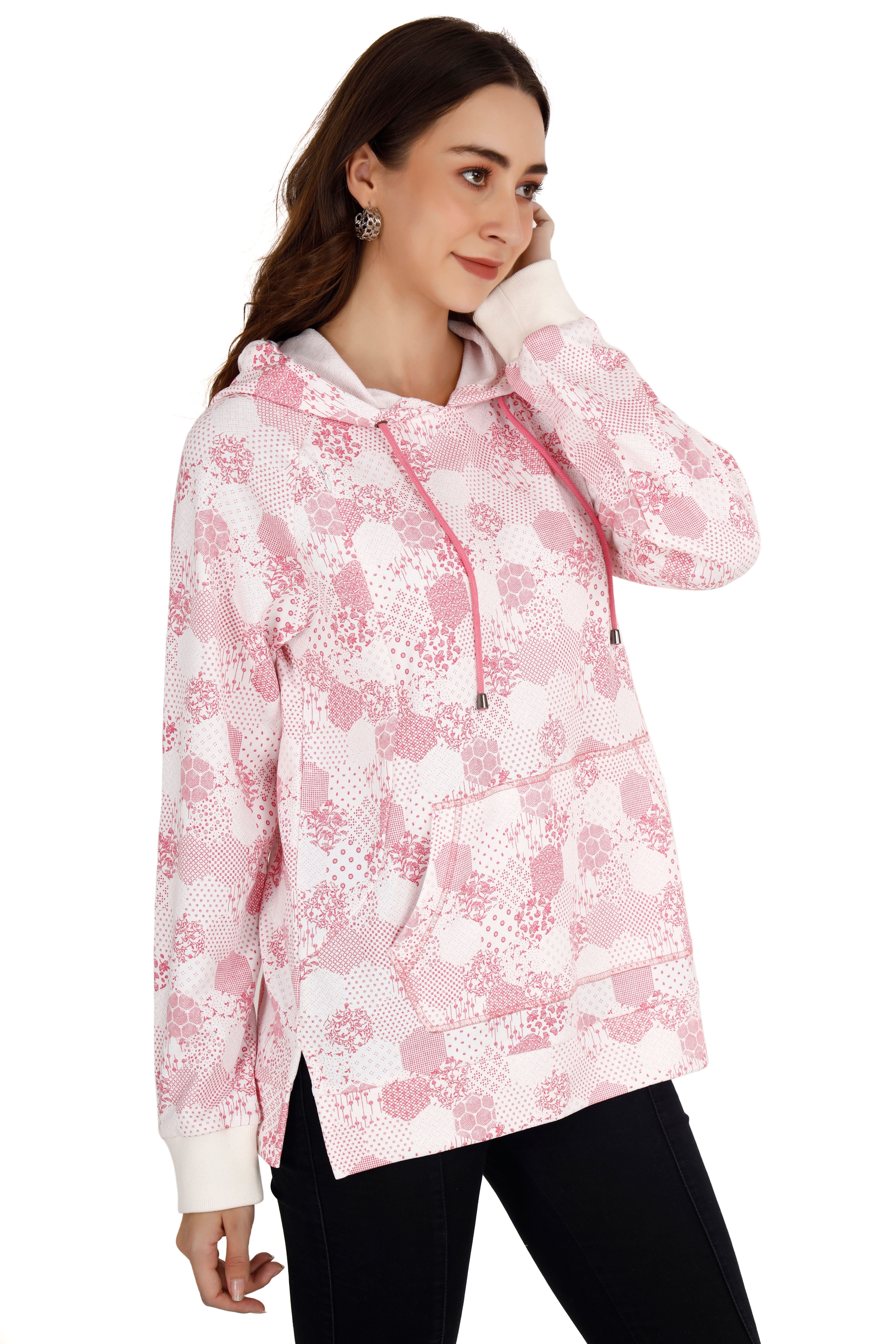 Women's Pink & White Printed Hoodie thumbnail 3